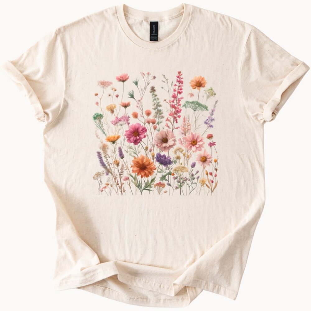 Floral Botanical Print T-Shirt, Aesthetic Wildflower Graphic Tee Nature Inspired